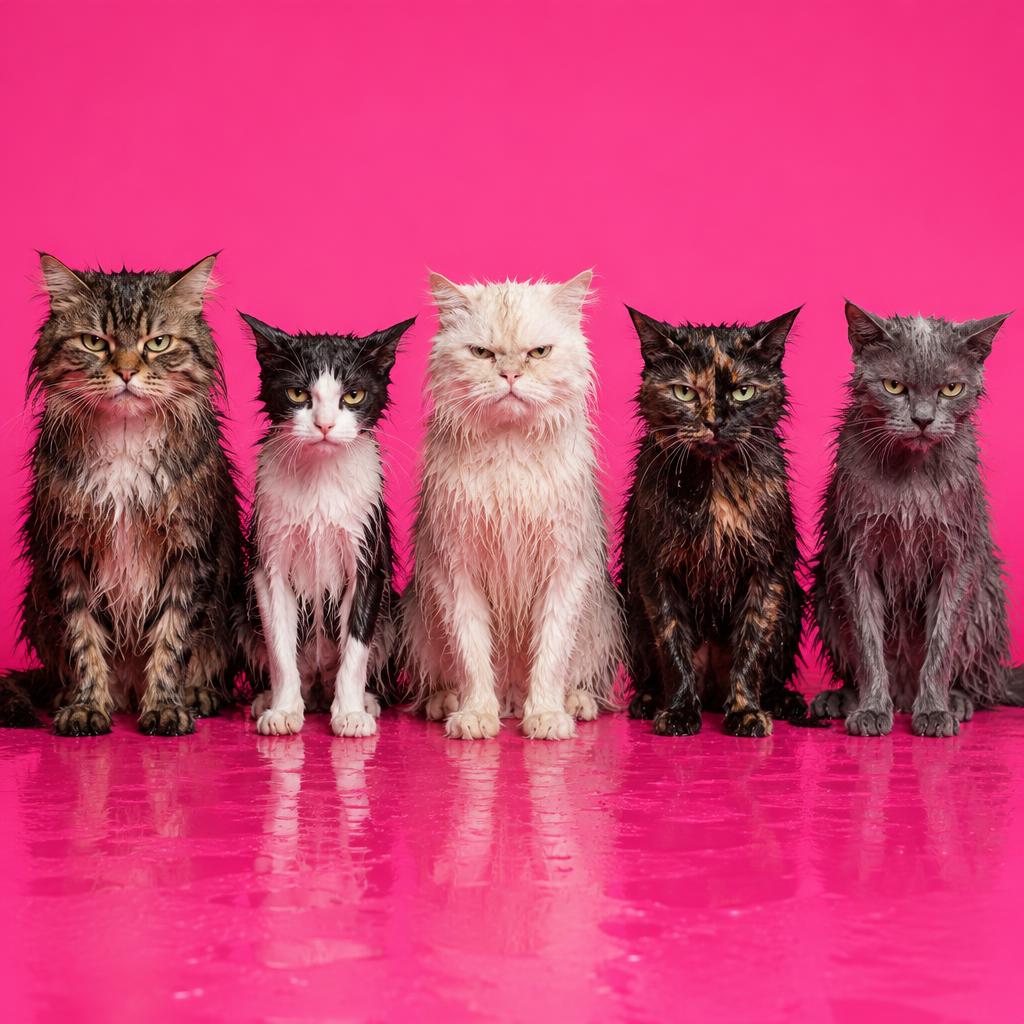 Five soaking wet cats sitting in a lineup on a pink background