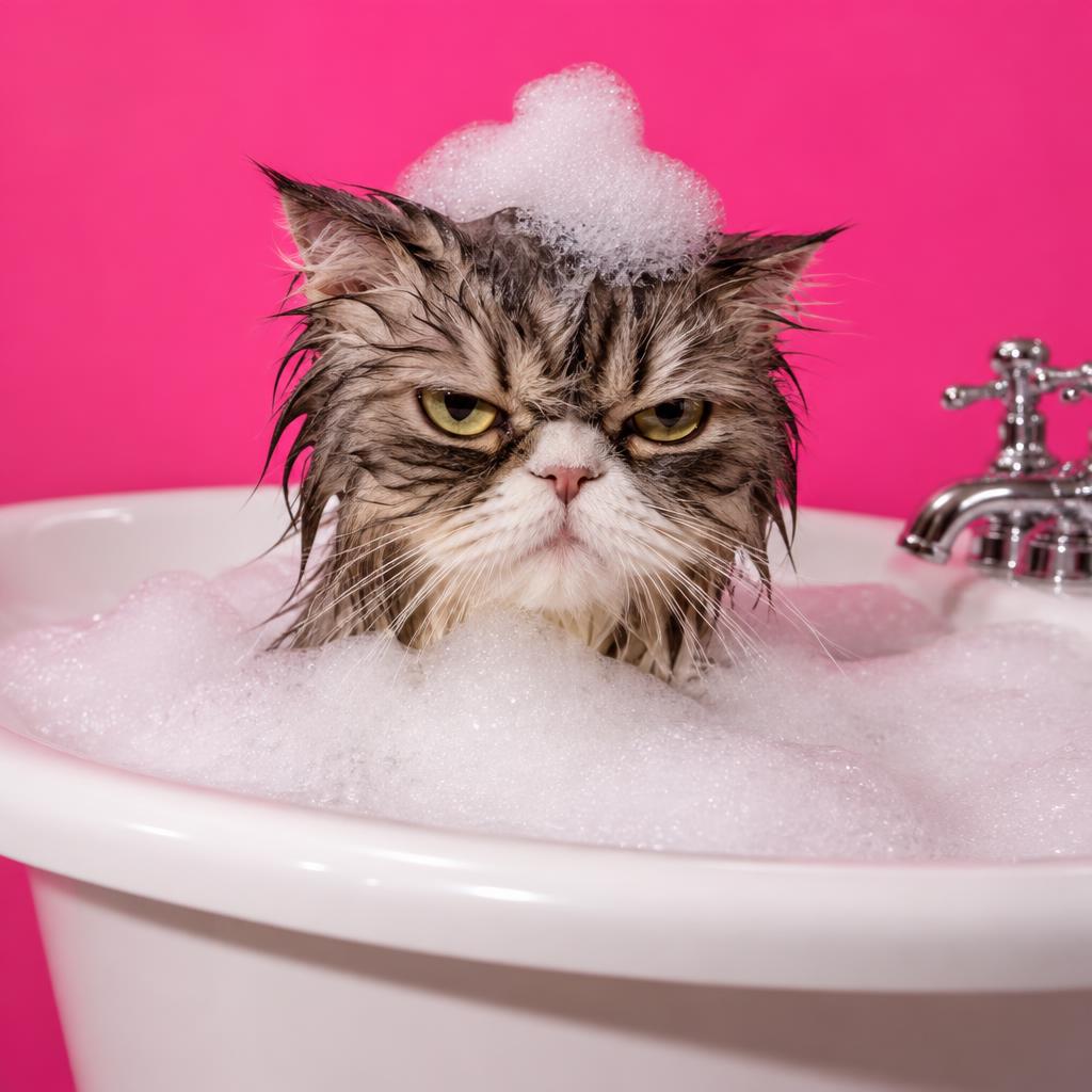 A soaking wet cat in a bubble bath, looking annoyed