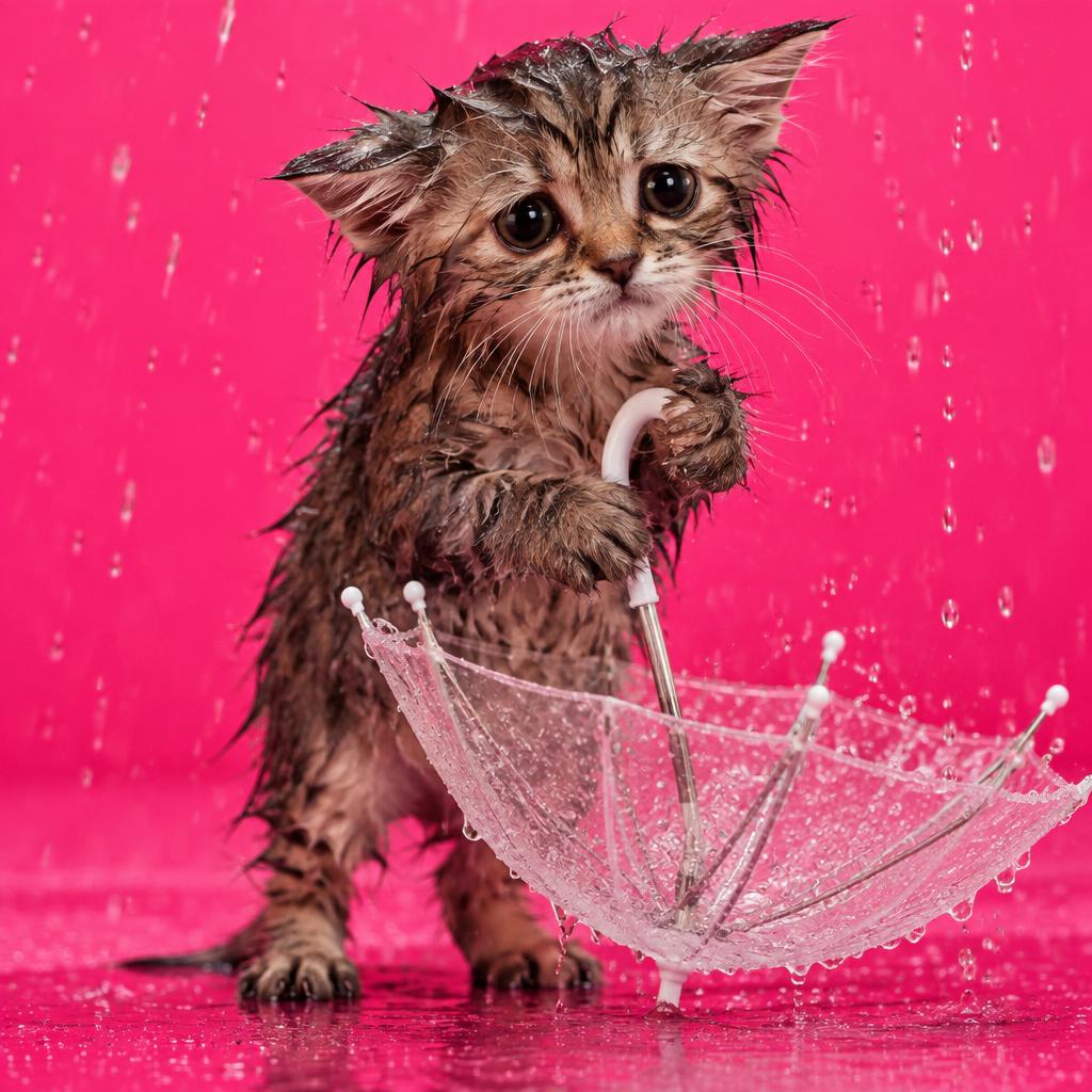 A wet kitten caught in the rain with an upside-down umbrella