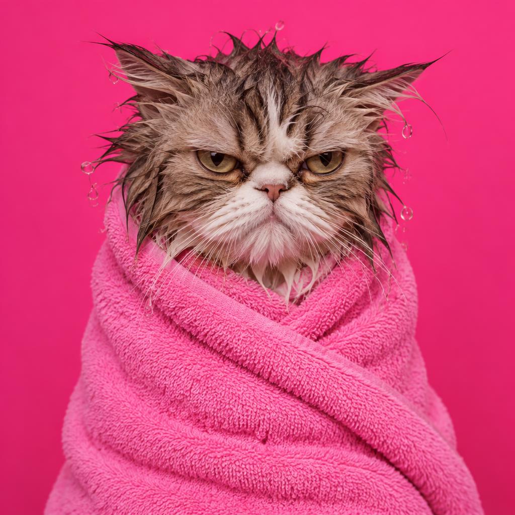A grumpy wet cat wrapped in a pink towel