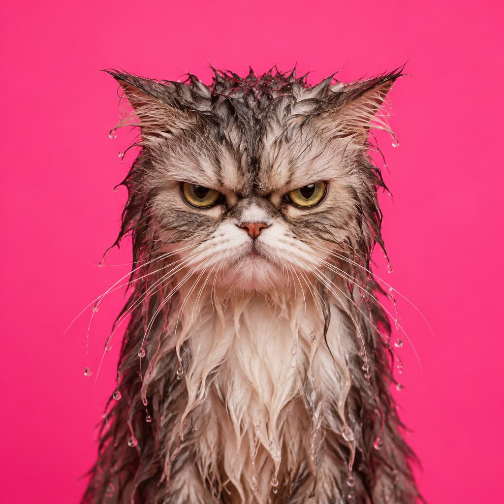 A soaking wet cat staring intensely on a pink background